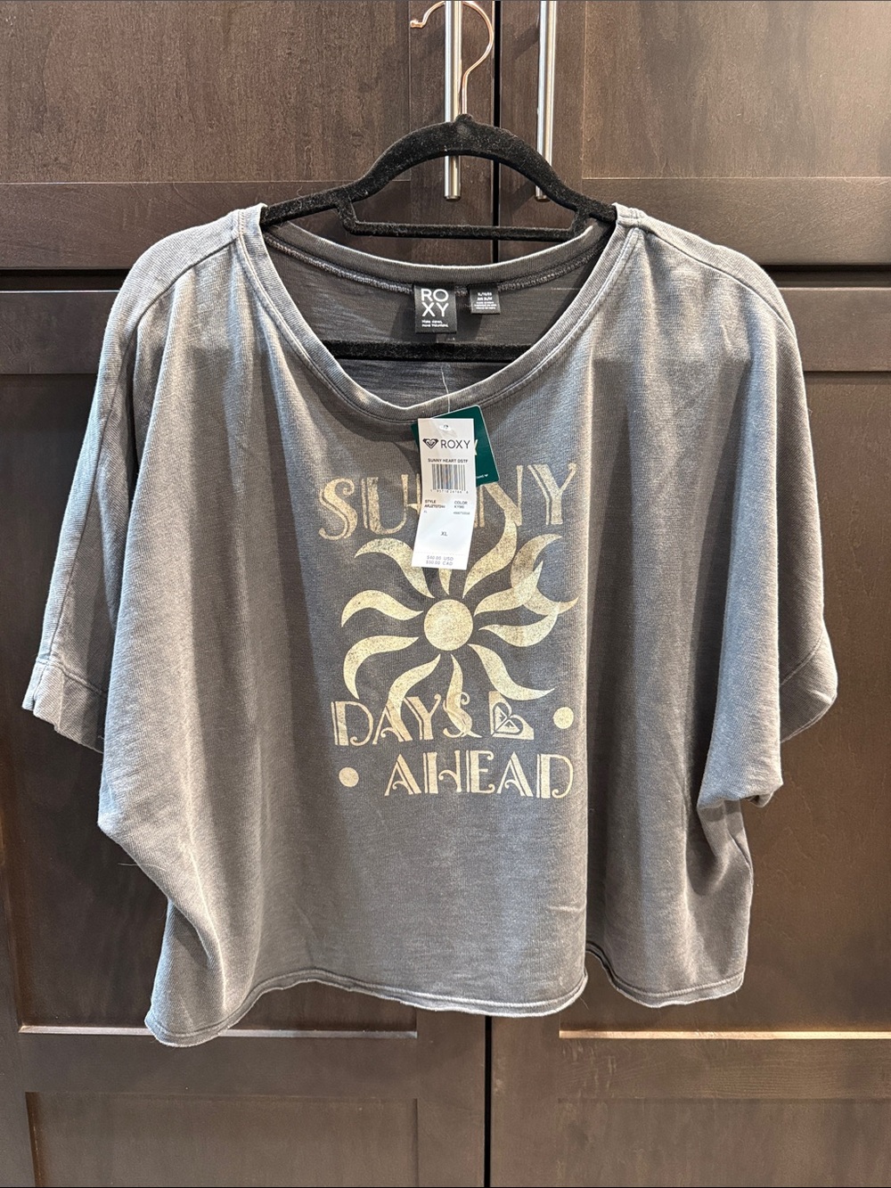 Roxy Gray Crop Tee with Cream Sun Graphic